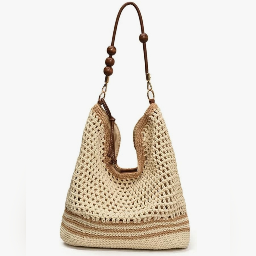 Bohemian Crochet Handbag With Wooden Beads On Handle
